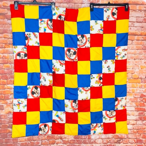 Vintage Handmade Patchwork Mickey Mouse Disney Baby Blanket - Picture 1 of 10